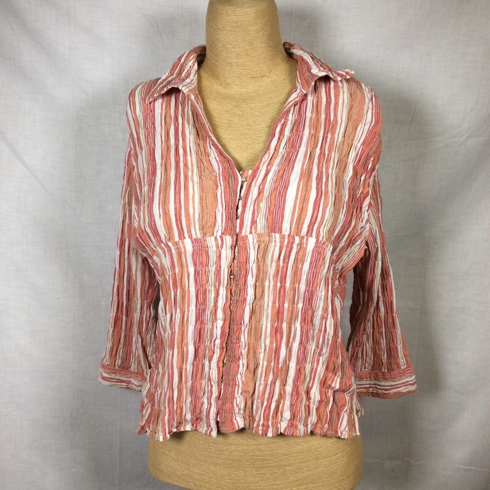 Andrew & Co Orange/White/Tan Smocked like Top